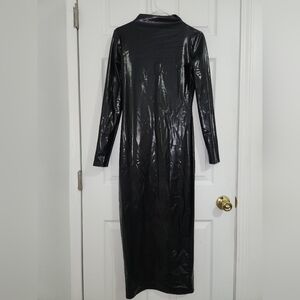 Faux Wet/Glossy Look Leather Compression Midi Bodycon Cowl/Turtle Neck Dress